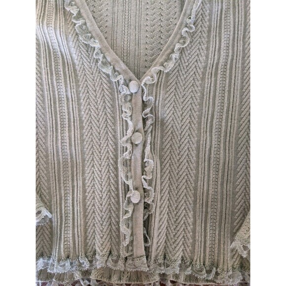 For Love & Lemons Lace Trimmed Cardigan Women's Sz XL Ribbed V-neck Fitted Mint - Picture 4 of 9